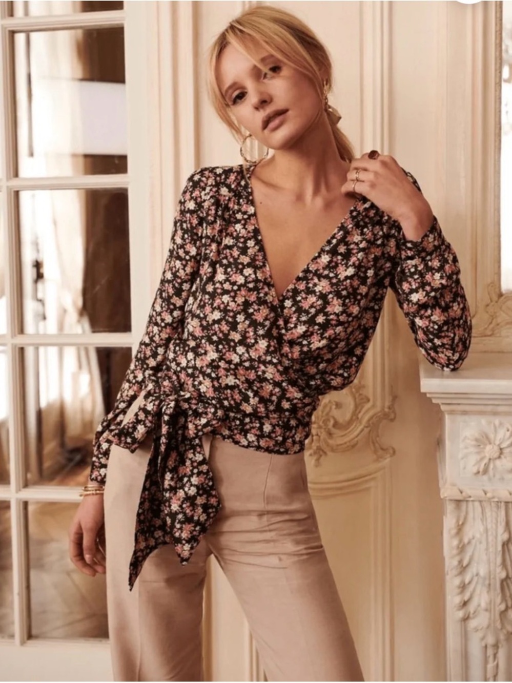 Sezane Black Floral Nina Wrap Blouse - French 38 US 6